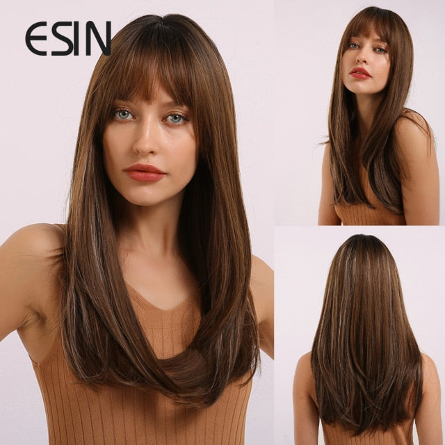 Dark Brown Long Wave Wig With Bangs Heat Resistant