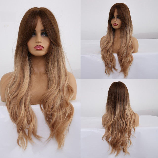 Synthetic Long Body Wave Ombre Brown Wigs