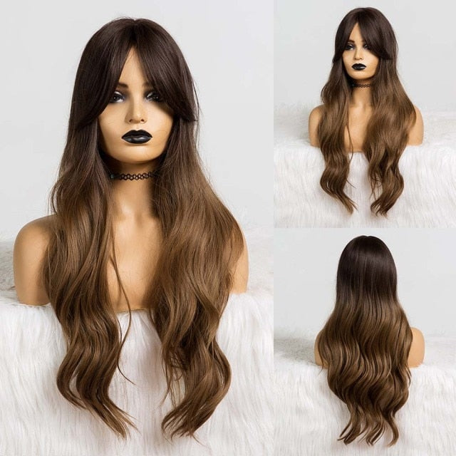 Synthetic Long Body Wave Ombre Brown Wigs