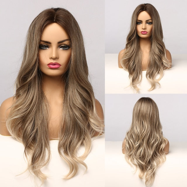 Synthetic Long Body Wave Ombre Brown Wigs