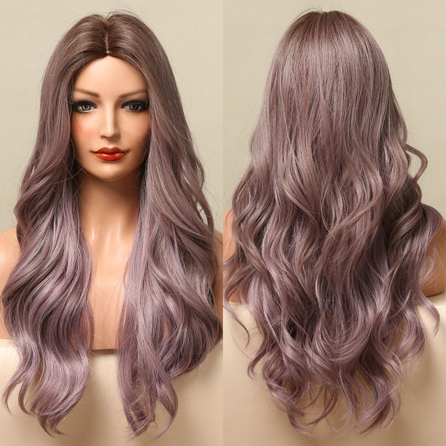 Long Wavy Ombre Brown Purple Synthetic Heat Resistant Wigs