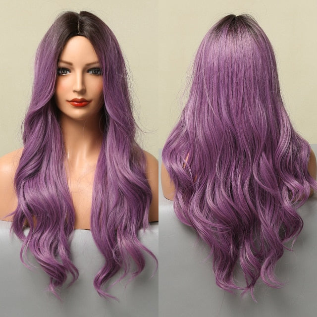 Long Wavy Ombre Brown Purple Synthetic Heat Resistant Wigs