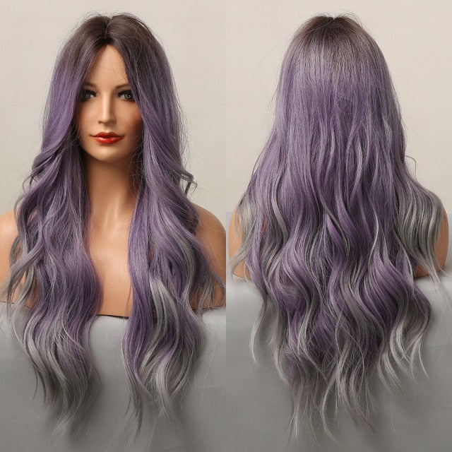 Long Wavy Ombre Brown Purple Synthetic Heat Resistant Wigs