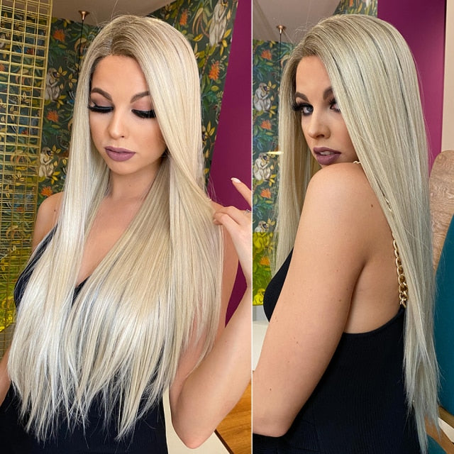 Lace Front Long Straight Ombre Blonde Daily Party Wig for Women - Synthetic Heat Resistant