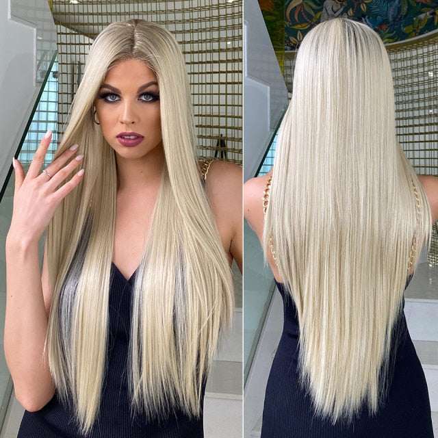 Lace Front Long Straight Ombre Blonde Daily Party Wig for Women - Synthetic Heat Resistant