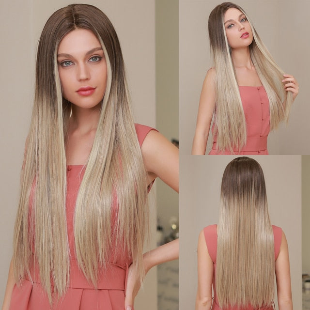 Lace Front Long Straight Ombre Blonde Daily Party Wig for Women - Synthetic Heat Resistant