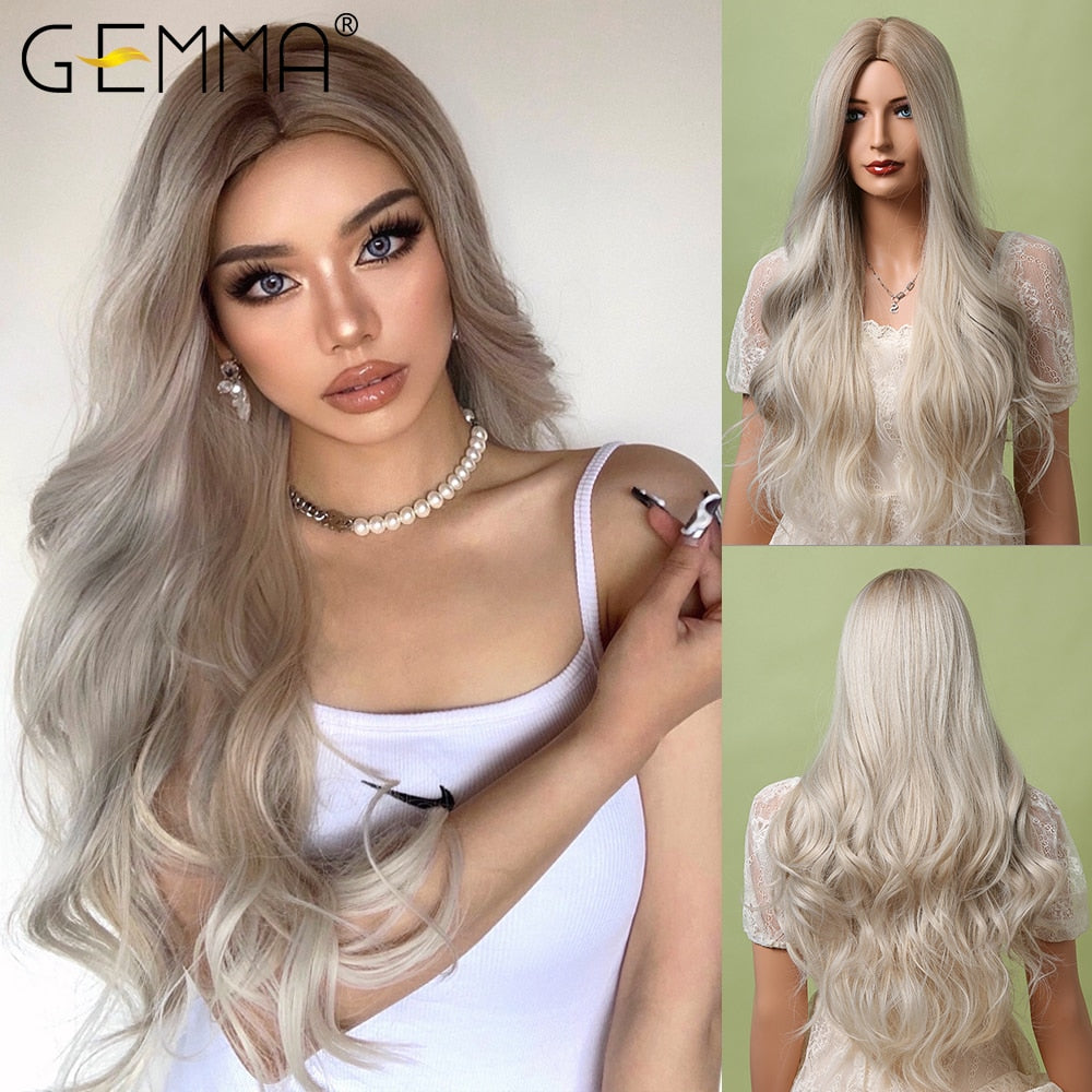 Long Wavy Ombre Blonde White Synthetic Wigs