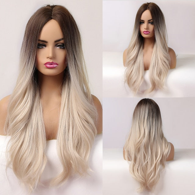 Long Wavy Ombre Blonde White Synthetic Wigs