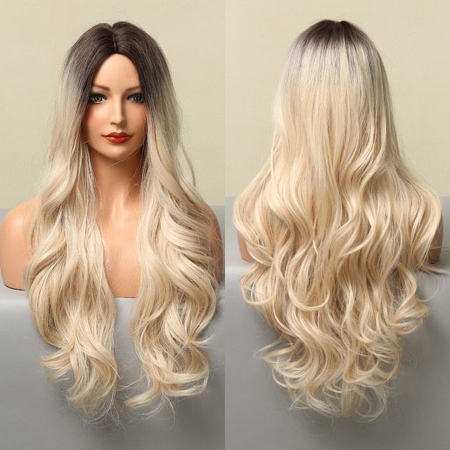 Long Wavy Ombre Blonde White Synthetic Wigs