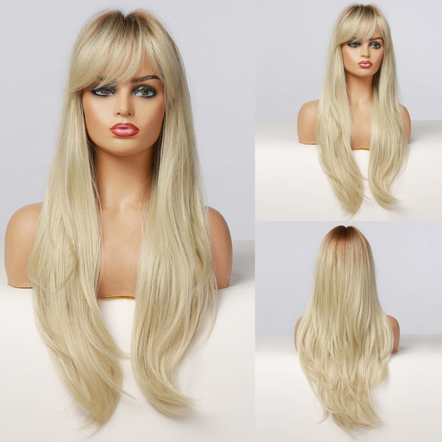 Red Brown Copper Ginger Long Straight Synthetic Wigs for Women with Bangs Heat Resistant