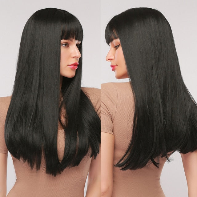 Red Brown Copper Ginger Long Straight Synthetic Wigs for Women with Bangs Heat Resistant