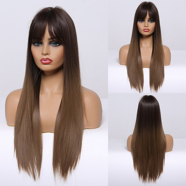 Red Brown Copper Ginger Long Straight Synthetic Wigs for Women with Bangs Heat Resistant