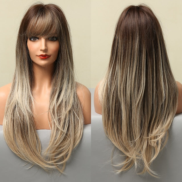 Red Brown Copper Ginger Long Straight Synthetic Wigs for Women with Bangs Heat Resistant