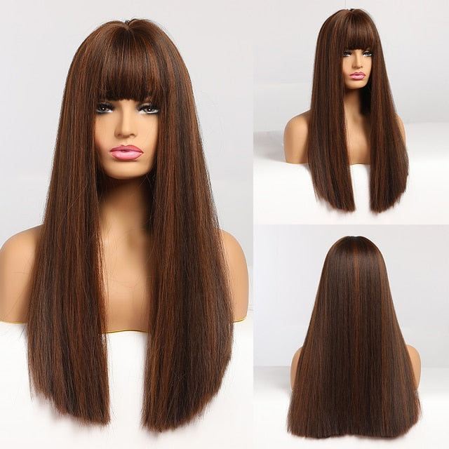 Red Brown Copper Ginger Long Straight Synthetic Wigs for Women with Bangs Heat Resistant
