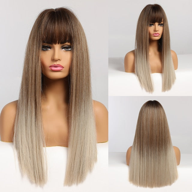 Red Brown Copper Ginger Long Straight Synthetic Wigs for Women with Bangs Heat Resistant