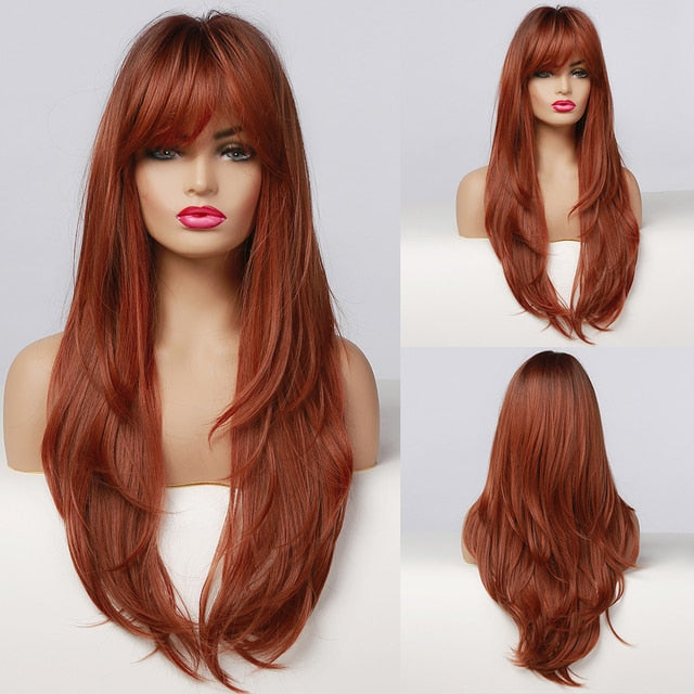 Red Brown Copper Ginger Long Straight Synthetic Wigs for Women with Bangs Heat Resistant