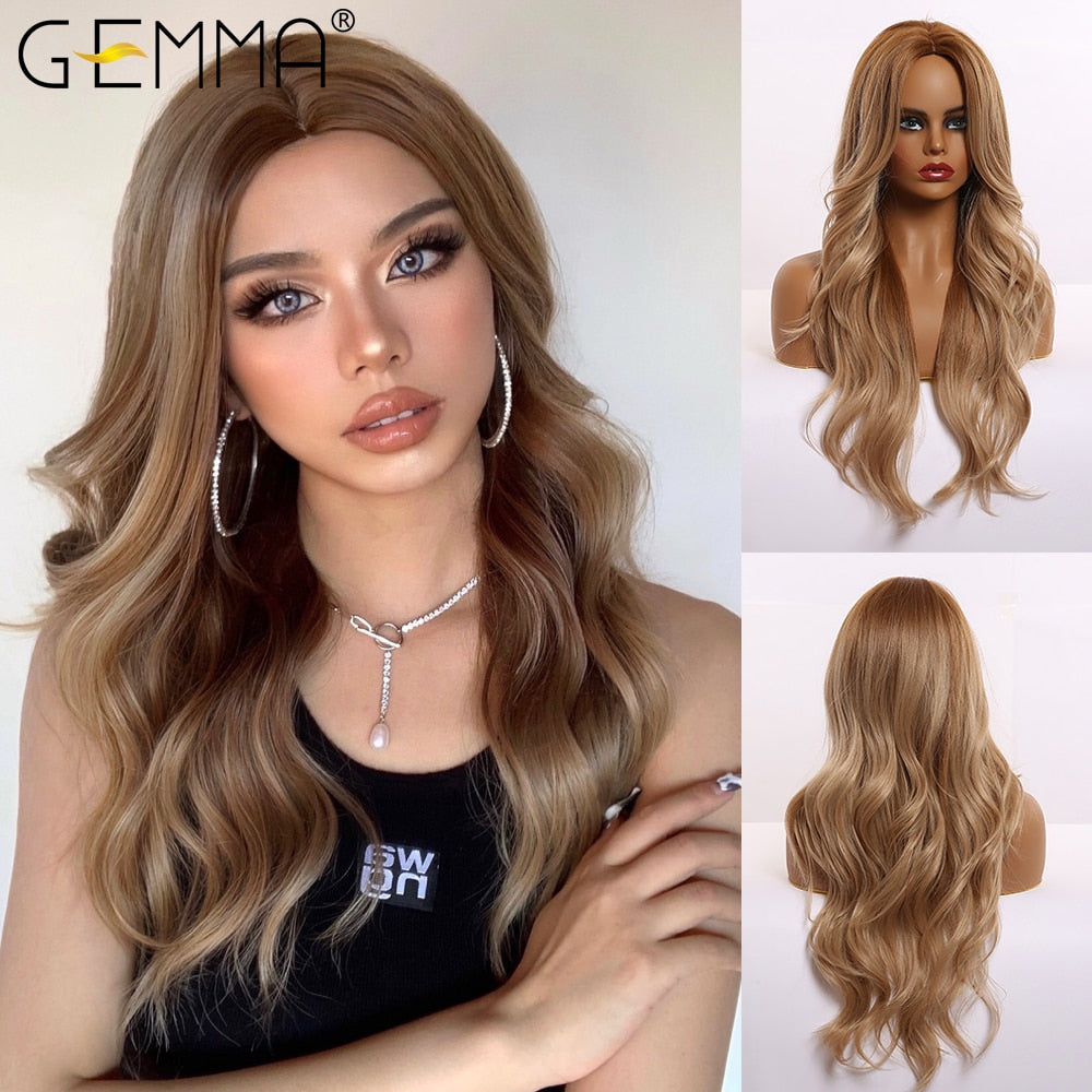 Synthetic Long Body Wave Ombre Brown Wigs