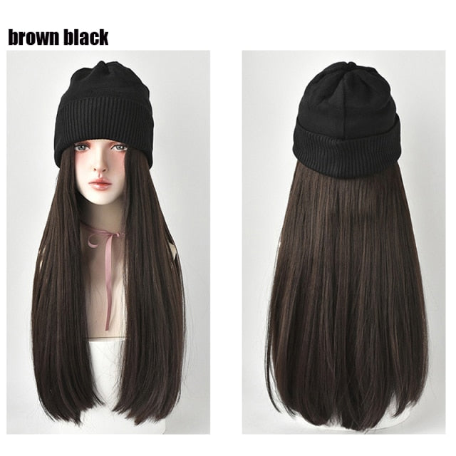 Beanies Hat With Long Straight Synthetic Wigs