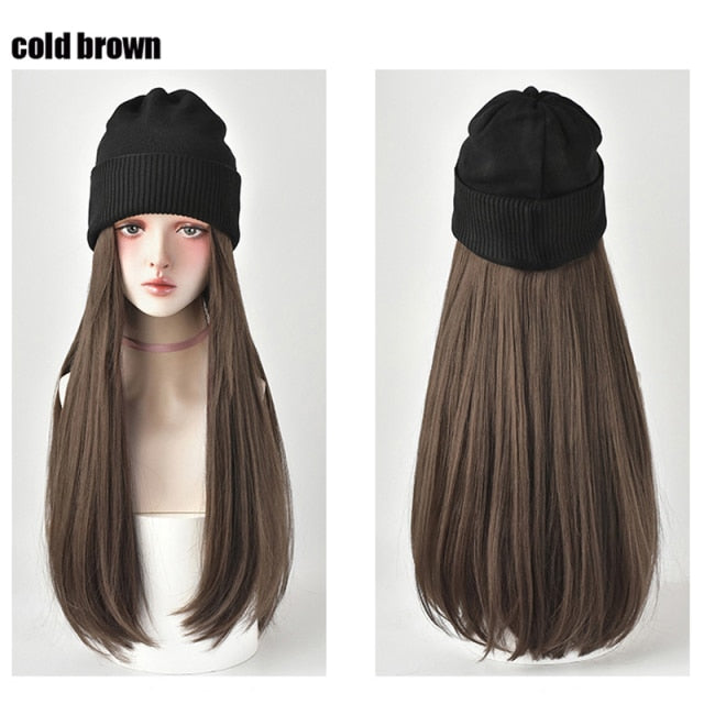 Beanies Hat With Long Straight Synthetic Wigs