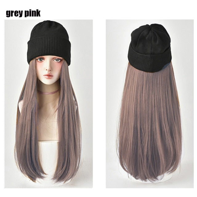 Beanies Hat With Long Straight Synthetic Wigs