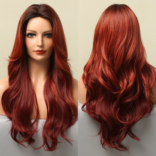 Red Brown Copper Ginger Long Straight Synthetic Wigs for Women with Bangs Heat Resistant