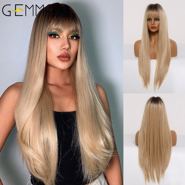 Red Brown Copper Ginger Long Straight Synthetic Wigs for Women with Bangs Heat Resistant