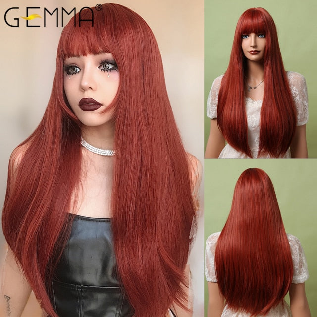 Red Brown Copper Ginger Long Straight Synthetic Wigs for Women with Bangs Heat Resistant