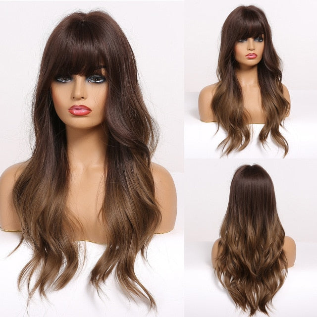 Red Brown Copper Ginger Long Straight Synthetic Wigs for Women with Bangs Heat Resistant