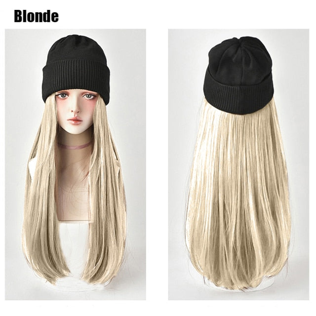 Beanies Hat With Long Straight Synthetic Wigs