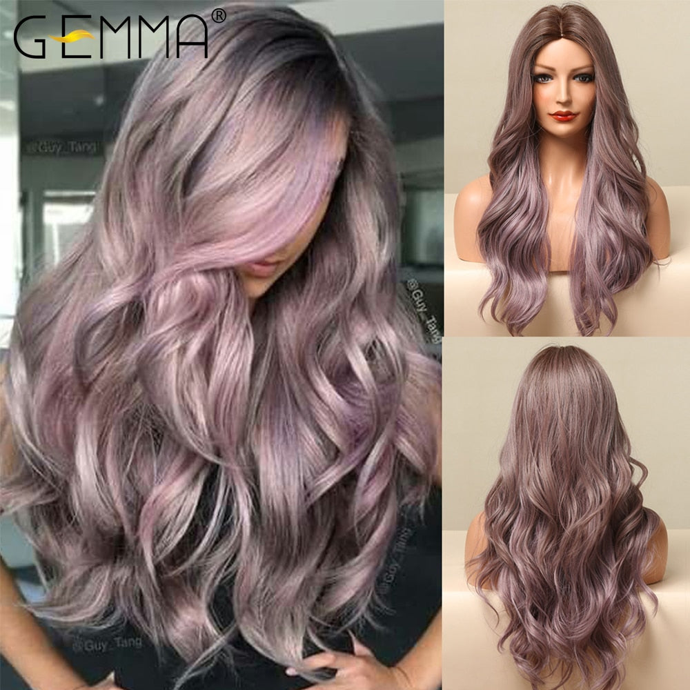 Long Wavy Ombre Brown Purple Synthetic Heat Resistant Wigs