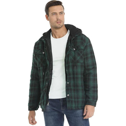 Flannel Jackets for Men Long Sleeve Plaid Shirt Jacket Quilt Lined Hooded with Button down Winter Coat Menswear Longsleeves Casual Pocket Classic Cotton Sports Medium Polyester Stylish