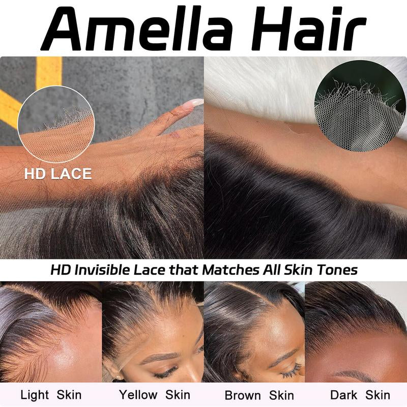 Amella 13X4 Pre-Everything Glueless Wigs Human Hair 220% Density Pre Plucked Pre Cut 12A Straight Human Hair Lace Frontal Wigs for Women Bleached Tiny Konts Closure Wigs Human Hair