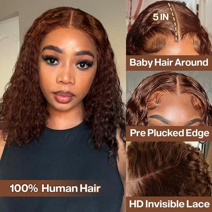 Omswet Chocolate Brown 5X5 HD Lace Closure Wigs Human Hair Deep Wave BOB Wig Human Hair Glueless Wigs Pre Plucked Curly Wigs for Black Women Human Hair Color #4 180 Density Human Hair Wigs 16 Inch