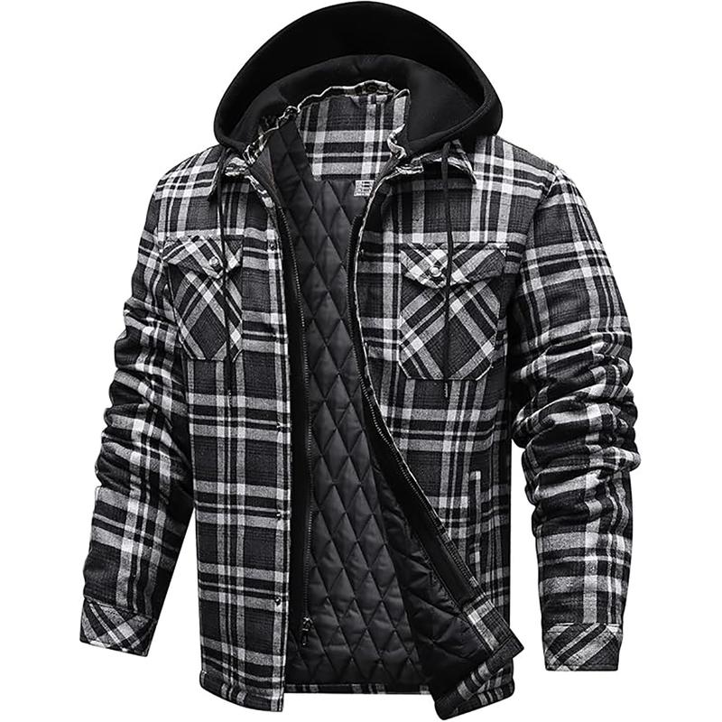 Flannel Jackets for Men Long Sleeve Plaid Shirt Jacket Quilt Lined Hooded with Button down Winter Coat Menswear Longsleeves Casual Pocket Classic Cotton Sports Medium Polyester Stylish