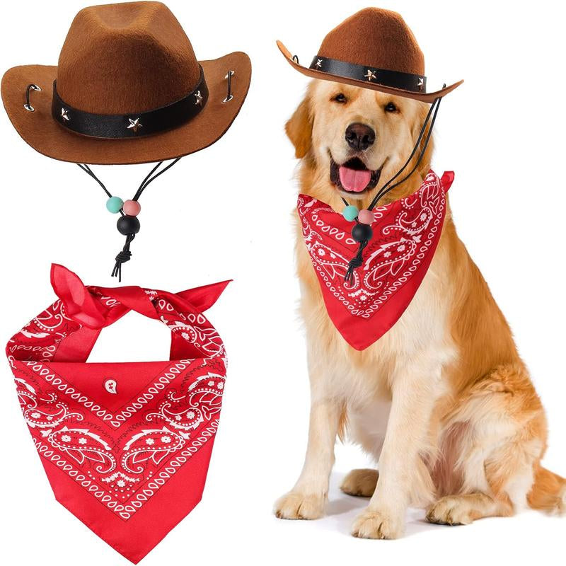 Pet Cowboy Costume Accessories Dog Cat Pet Size Cowboy Hat and Bandana Scarf West Cowboy Accessories for Puppy Kitten Party Festival and Daily Wearing Set of 2 (Coffee)