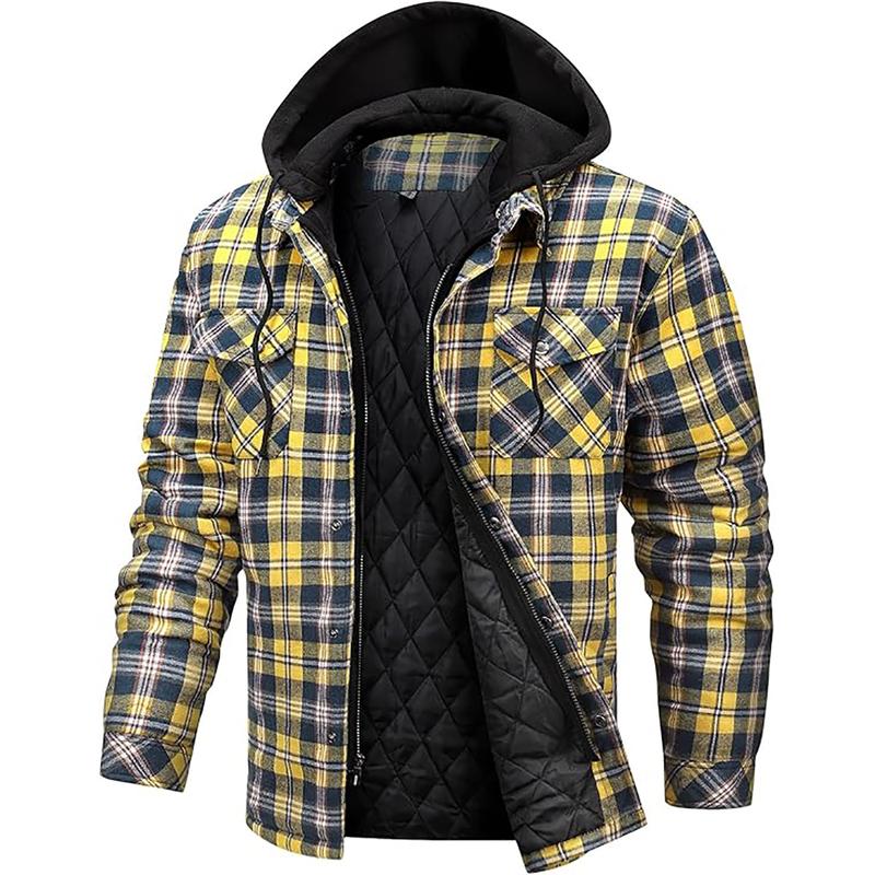 Flannel Jackets for Men Long Sleeve Plaid Shirt Jacket Quilt Lined Hooded with Button down Winter Coat Menswear Longsleeves Casual Pocket Classic Cotton Sports Medium Polyester Stylish