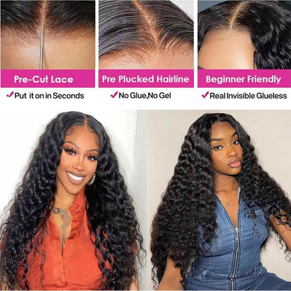 Utracycoy Glueless Wear and Go 5X5 Closure Lace Front Wig 180 Density Deep Wave Brazilian Human Hair Pre Cut Easy to Wear Natural Color Free Fast Shipping Ny Chair