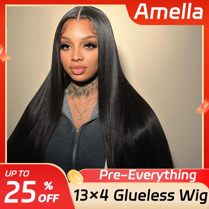 Amella 13X4 Pre-Everything Glueless Wigs Human Hair 220% Density Pre Plucked Pre Cut 12A Straight Human Hair Lace Frontal Wigs for Women Bleached Tiny Konts Closure Wigs Human Hair