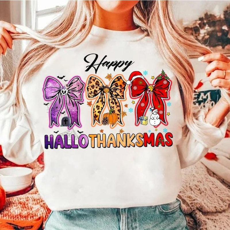 Happy Hallothanksmas Coquette Bow Shirt, Halloween Thanksgiving Christmas Gift, Combination Pumpkin Spice, Snowmen, Pie Sweatshirt