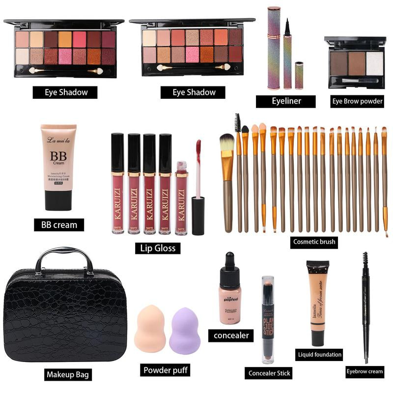 All in One Makeup Kit for Makeup Storage Bag 2X14 Colors Eyeshadow Palette Liquid Foundation Eyeliner Pencils.