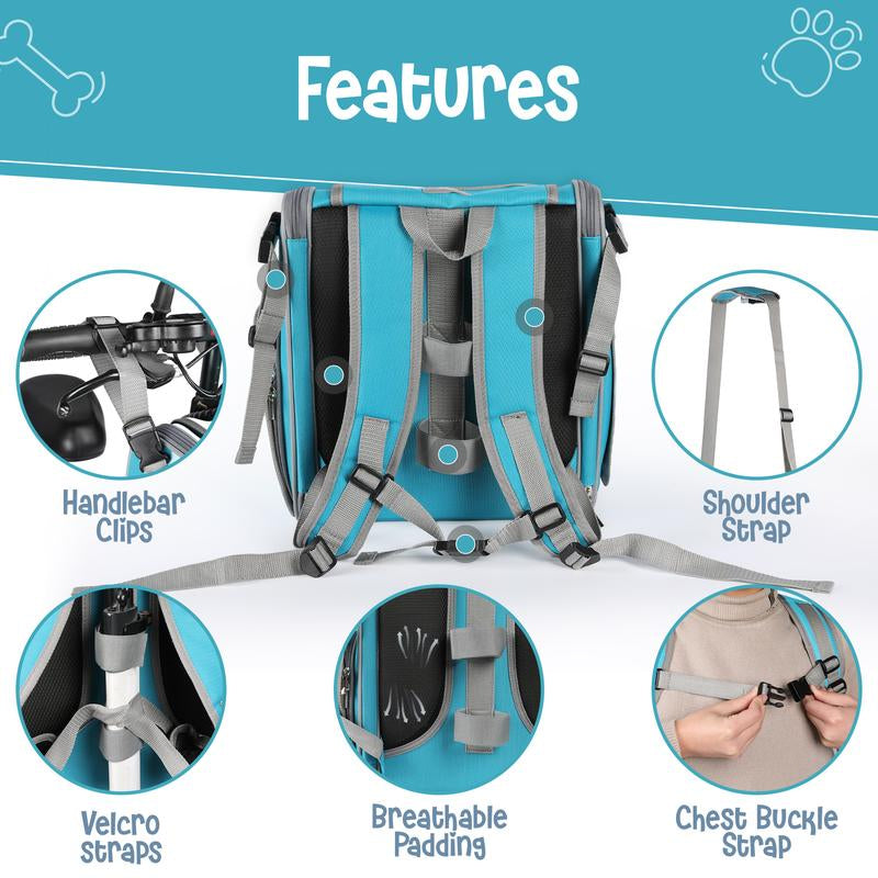 Dog Basket for Bike - 4-In-1 Pet Carrier Backpack & Puppy Car Seat for Hiking, Biking, Camping - Soft, Expandable, Collapsible - Scooter E-Bike Bicycle Carrier Cats, Small to Medium Pups