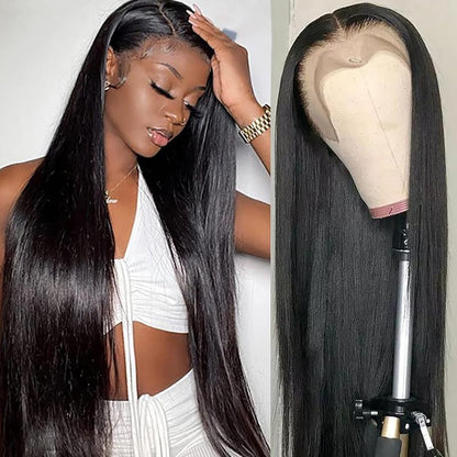 30 Inch Black Long Striaight HD Transparent Glueless Lace Frontal Wigs for Black Women Brazilian Pre Plucked Remy 100% Human Hair Wig 13X4 Lace Frontal Wig 180% Density Brazilian Bone