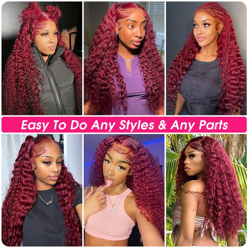 Cheetahbeauty 99J Burgundy Deep Wave Lace Front Wigs Human Hair 13X6 HD Lace Frontal Wigs Human Hair Lace Front Wigs Pre Plucked 99J Burgundy Deep Curly Wigs Human Hair Wigs for Women 180% Density