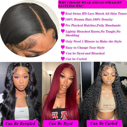 Wear and Go Glueless Wigs Human Hair Pre Plucked Pre Cut Straight Brazilian Lace Front Wigs Human Hair 5X5 Hd Lace Front Human Hair Wigs for Black Women Glueless Wig 200 Density