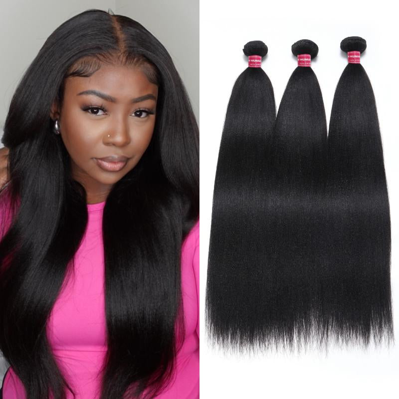 Sunber Yaki Straight 3/4Pcs Virgin Hair Extensions with Human Hair Bundles