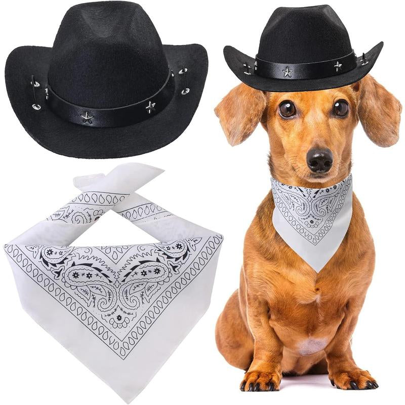 Pet Cowboy Costume Accessories Dog Cat Pet Size Cowboy Hat and Bandana Scarf West Cowboy Accessories for Puppy Kitten Party Festival and Daily Wearing Set of 2 (Coffee)