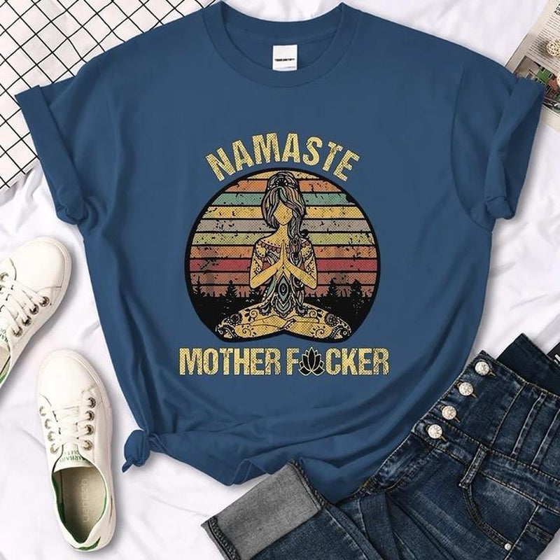 Vintage Namaste Mother Explicit Pattern Women T-Shirt O-Neck Creative T Shirts Casual Comfort Fashion Womenswear Comfortable Everyday Fit Top Piece Chic Day Lady Streetwear Tshirt Summer Crewneck