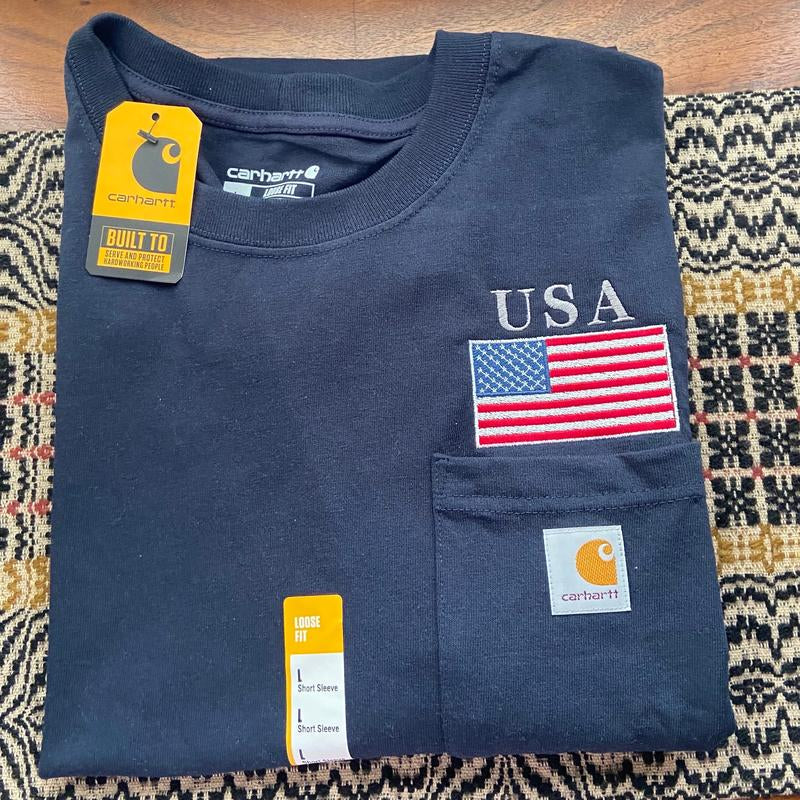 Carhartt Embroidered USA Flag Pocket Tee Cotton Menswear Tshirt Loose Navy