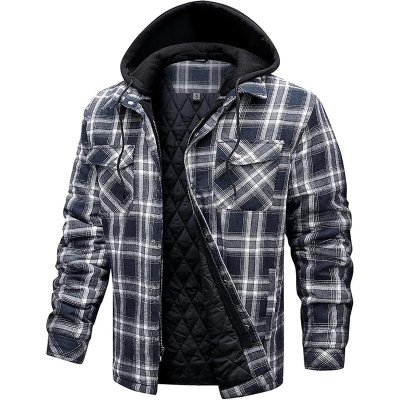 Flannel Jackets for Men Long Sleeve Plaid Shirt Jacket Quilt Lined Hooded with Button down Winter Coat Menswear Longsleeves Casual Pocket Classic Cotton Sports Medium Polyester Stylish