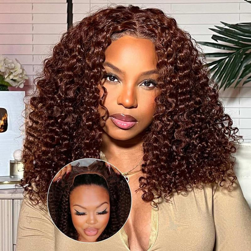 Omswet Chocolate Brown 5X5 HD Lace Closure Wigs Human Hair Deep Wave BOB Wig Human Hair Glueless Wigs Pre Plucked Curly Wigs for Black Women Human Hair Color #4 180 Density Human Hair Wigs 16 Inch